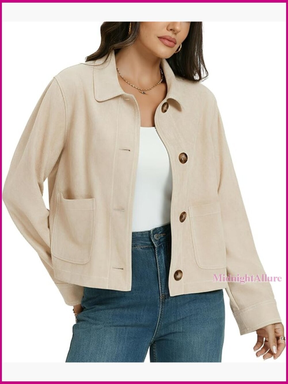 Cropped Faux Suede Bomber Jacket Button Down Casual Fall Outerwear